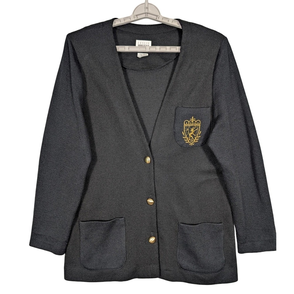 XL Vtg Leslie Fay Collections Black Knit Cardigan Longline‎ Sweater Gold Crest